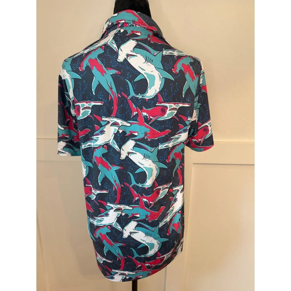 Waggle Golf Hammerhead Shark Polo Shirt Mens Medium Teal Pink Navy Performance - Picture 3 of 7